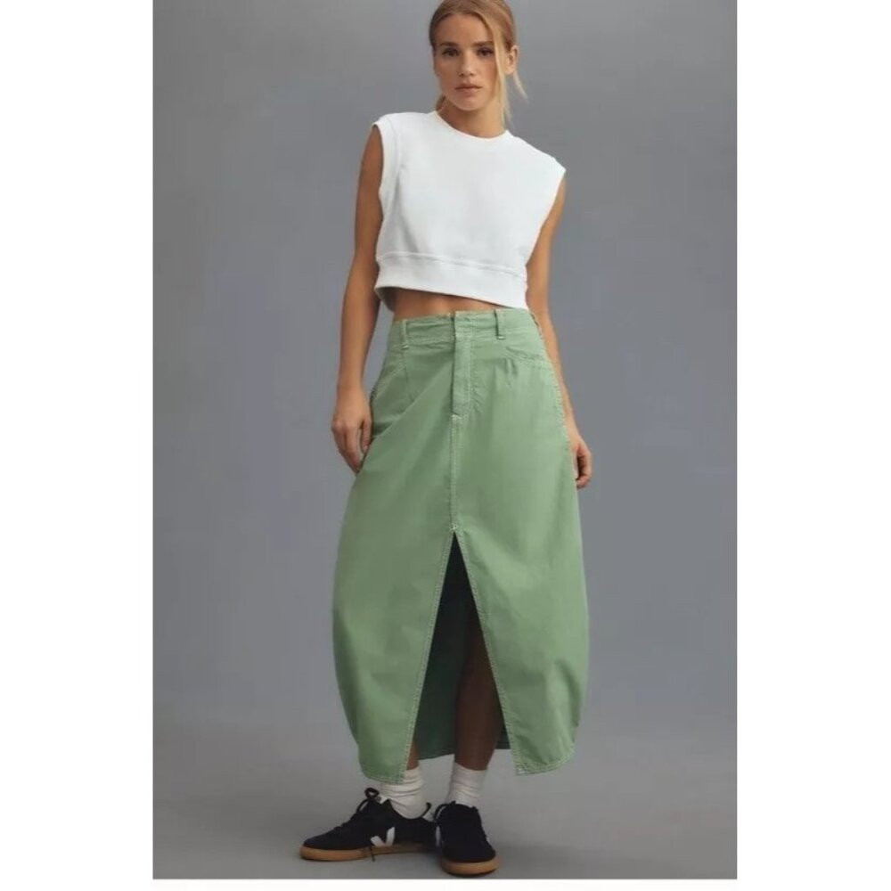 Anthropologie Pilcro Green Cotton Utility Midi Skirt‎ Front Slit Contrast Stitch